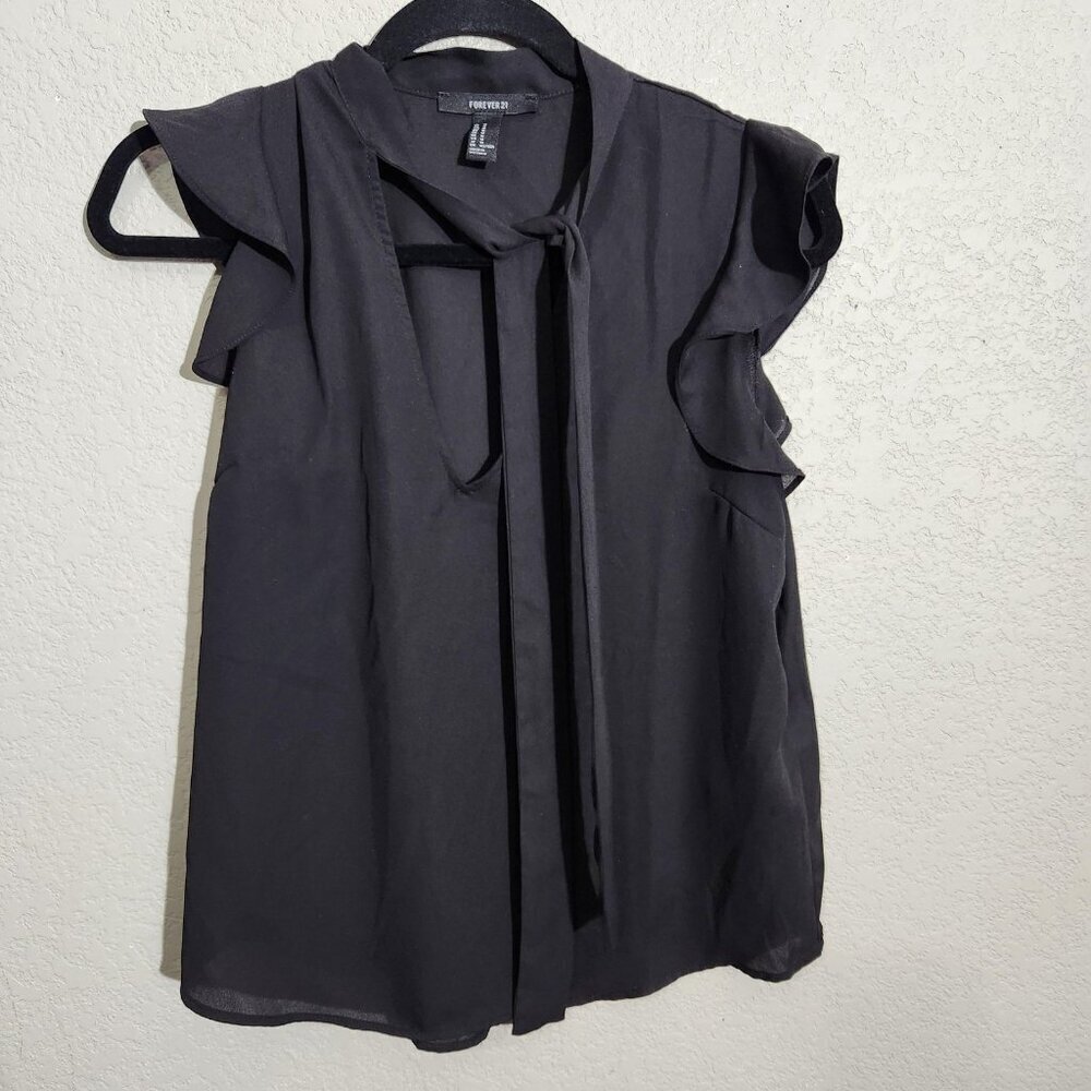 Forever 21 Blouse Womens Large Ruffle Sleeve Tie Neck Sleeveless V Neck